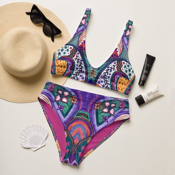 "Colorful Garden" high-waisted bikini made with eco friendly recycled fabric