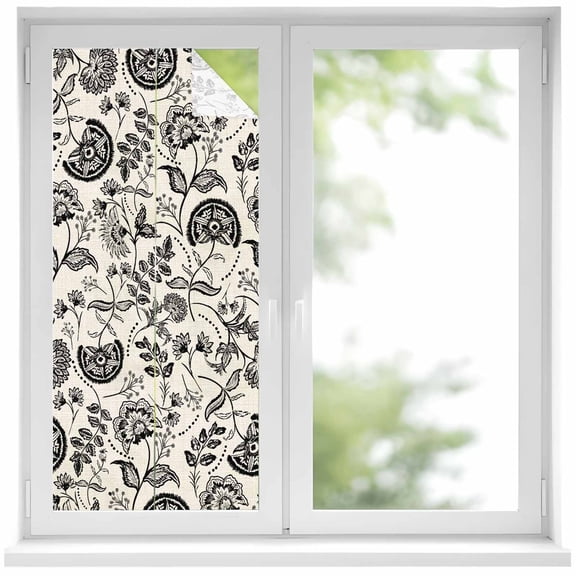 Farmhouse Black Floral Window Privacy Film Linen Boho Flower Rustic Country Decorative Glass Window Film UV Blocking Static Cling Non-Adhesive Sticker Covering for Home Door 17.7 x 39.3 inches