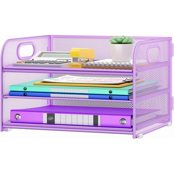 3 Tier Paper Organizer with Handle, Metal Desk Organizer Mesh Paper Letter Tray Desktop File Folder Document Sorter for Classroom, School, Office Accessories Organization and Storage - Purple