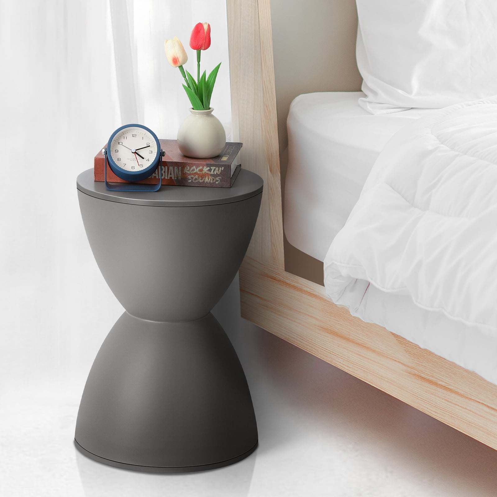 Plastic Hourglass Side Table Bedroom Nightstand, Gray