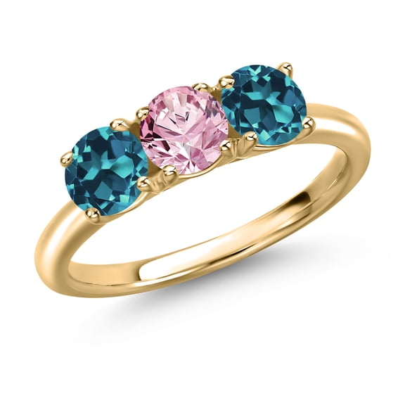 Gem Stone King 10K Yellow Gold Pink Lab Grown Diamond and London Blue Topaz Engagement Ring for Women | 1.90 Cttw | Round 5MM | Gemstone April Birthstone | Size 8
