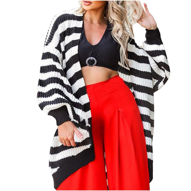 IROINID Cardigan Mi-Long pour Femme, Veste Ouverte à Rayures, Manches Longues, Cardigan en Tricot Décontracté, Ample et Décontracté, Chandails Cardigan Surdimensionnés, Manteau, Noir