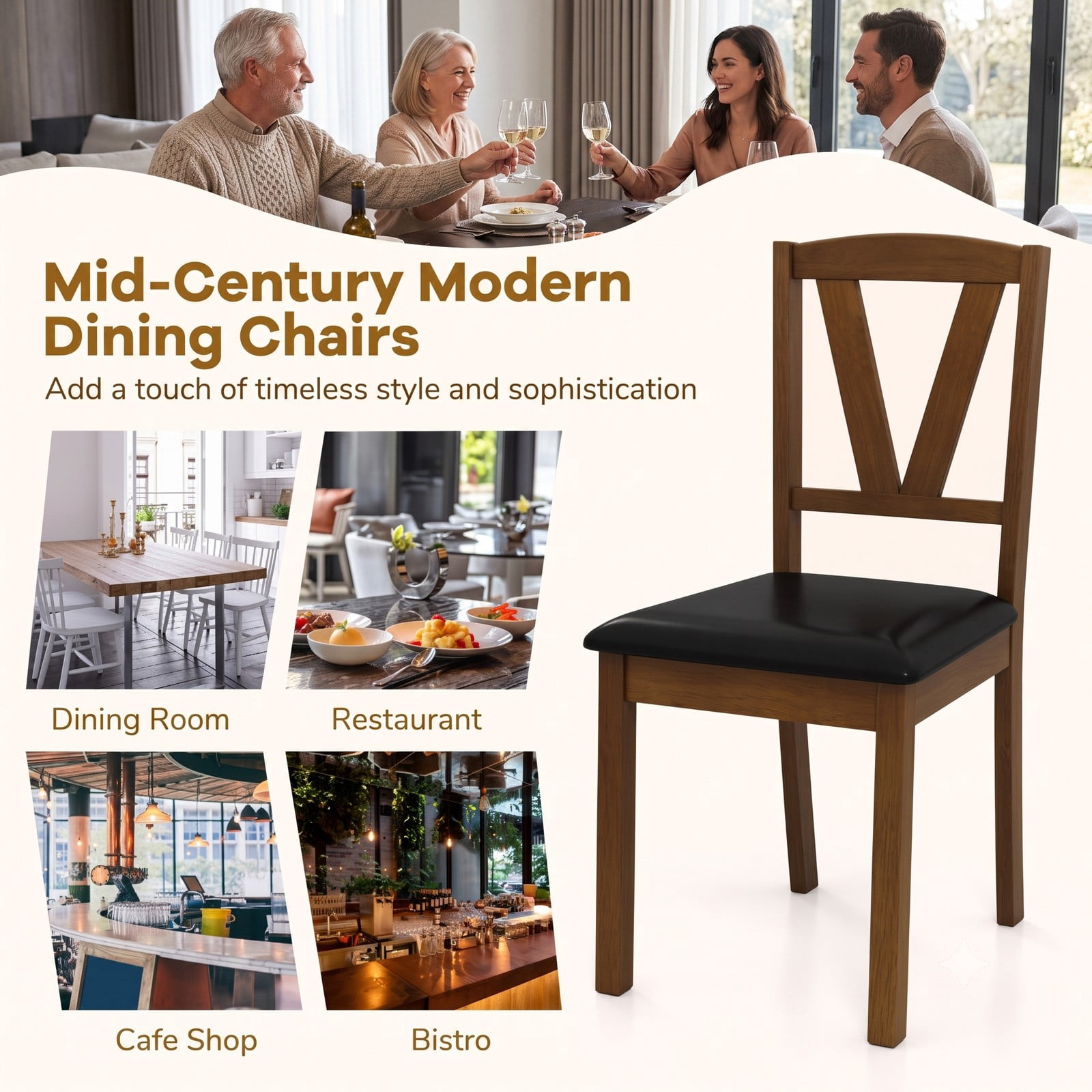 Furnibear Wooden Dining Chair Set of 2, PU Leather Upholstered Kitchen Side Chairs with Rubber Wood Frame, V-Shaped Backrest, Padded Seat for Home Restaurant, Brown
