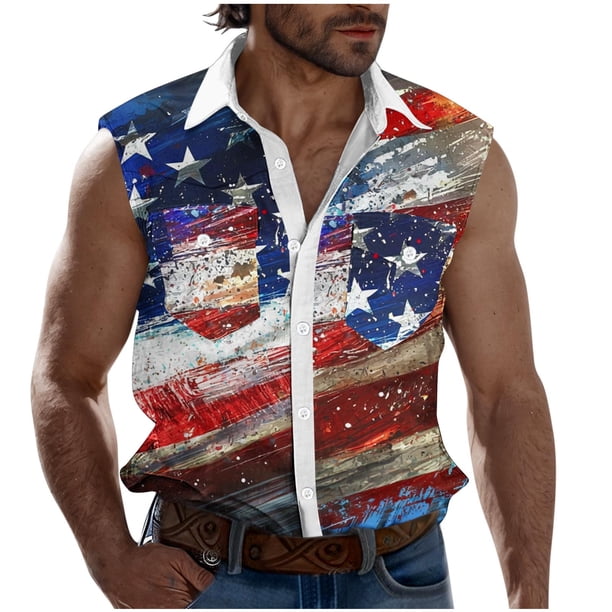Camisas de Cuello para Hombres, Moda Casual Día de la Independencia Imprimir Turndown Bolsillos sin Mangas Tanque Deportivo