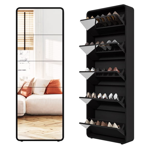 Facilehome Full-Length Mirrored Flip-Top Shoe Cabinet, Narrow Freestanding Storage Organizer with 5 Flip Drawers & Backboard, Space-Saving Shoe Rack for Entryway & Doorway, Black