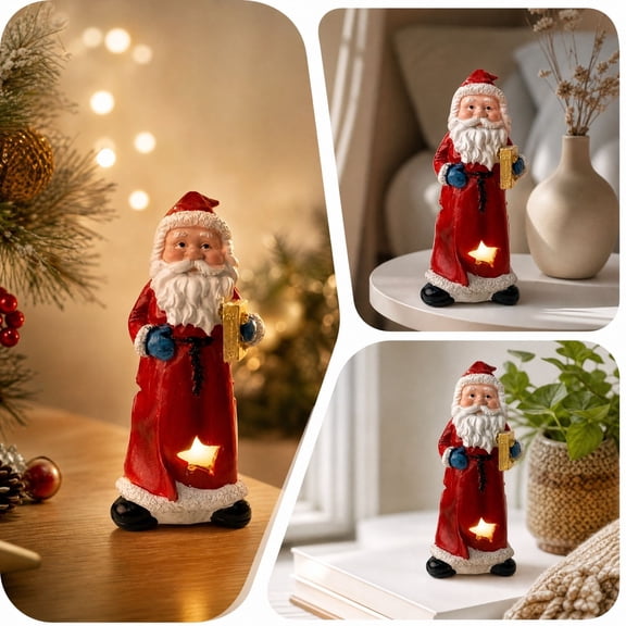 Fufafayo Christmas Santa Claus Figurine with Light, Lighted Resin Santa Statue, Star Cutout Light Up Santa Tabletop Ornament for Christmas Mantel Shelf Home Decor