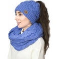 thumbnail image 3 of Lelaffet Women Hat and Scarf Set Beanietail High Bun Ponytail Stretchy Knit Beanie Skull Winter Cable Knitted Hat Blue, 3 of 4