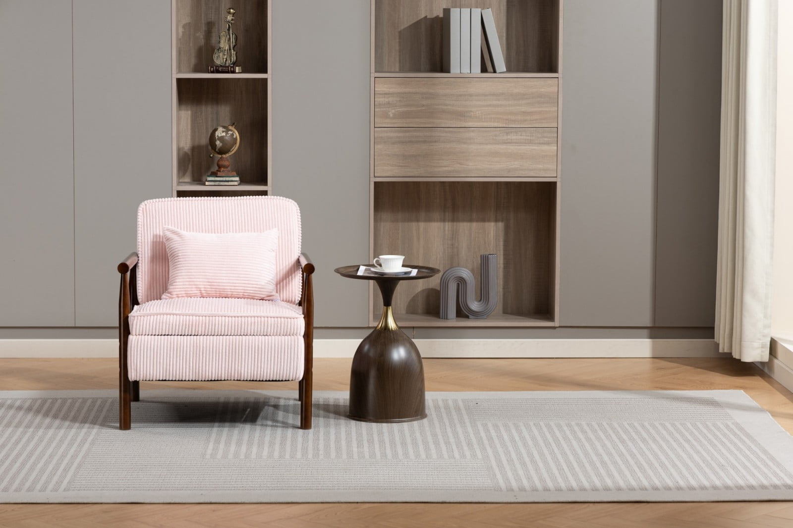 Storage Accent Chair Mid Century Modern Upholstered Armchair with Wood Frame & Waist Cushion for Living Room Bedroom Sunroom, Light Pink