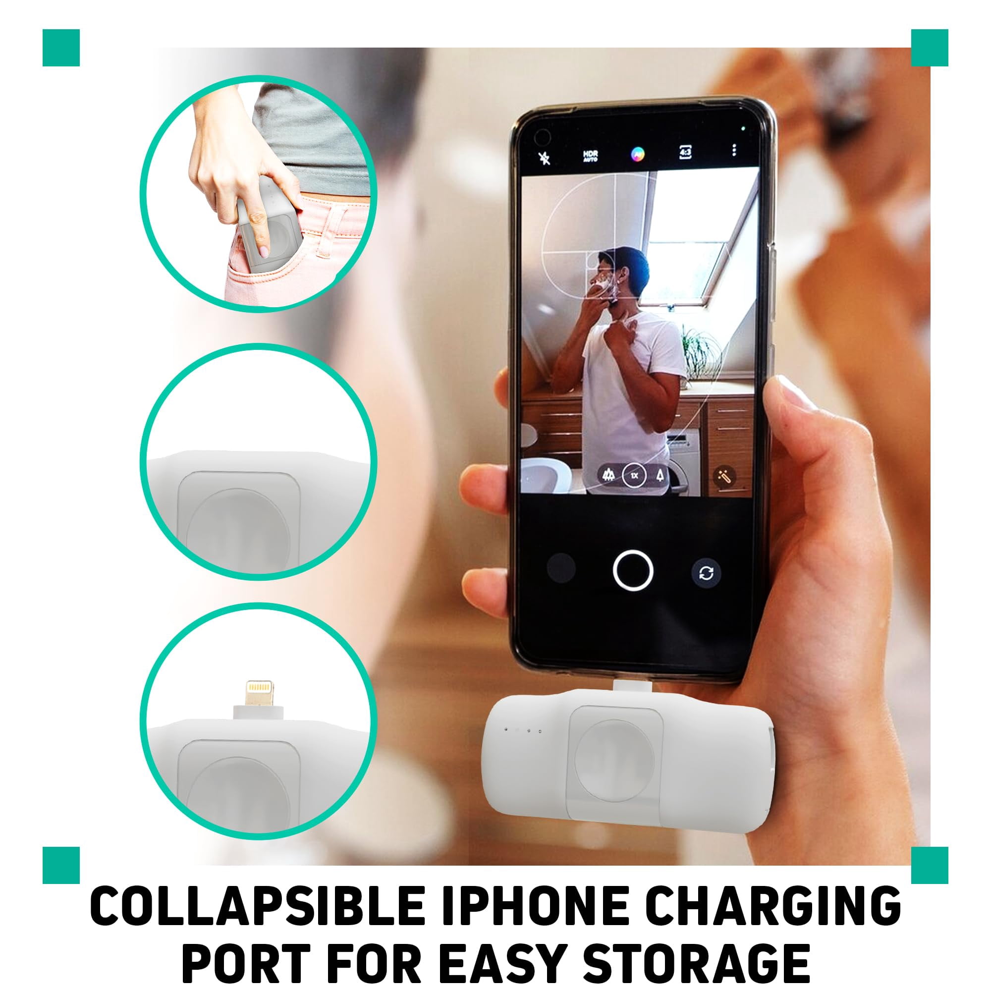 CHARGEWORX 3 in 1 Portable Charger Power Bank for iPhone, USB-C Devices, Smart Watch, 5000mAh Battery, Ultra Compact, Fast Charging Travel Charger, LED Battery Indicator (white)