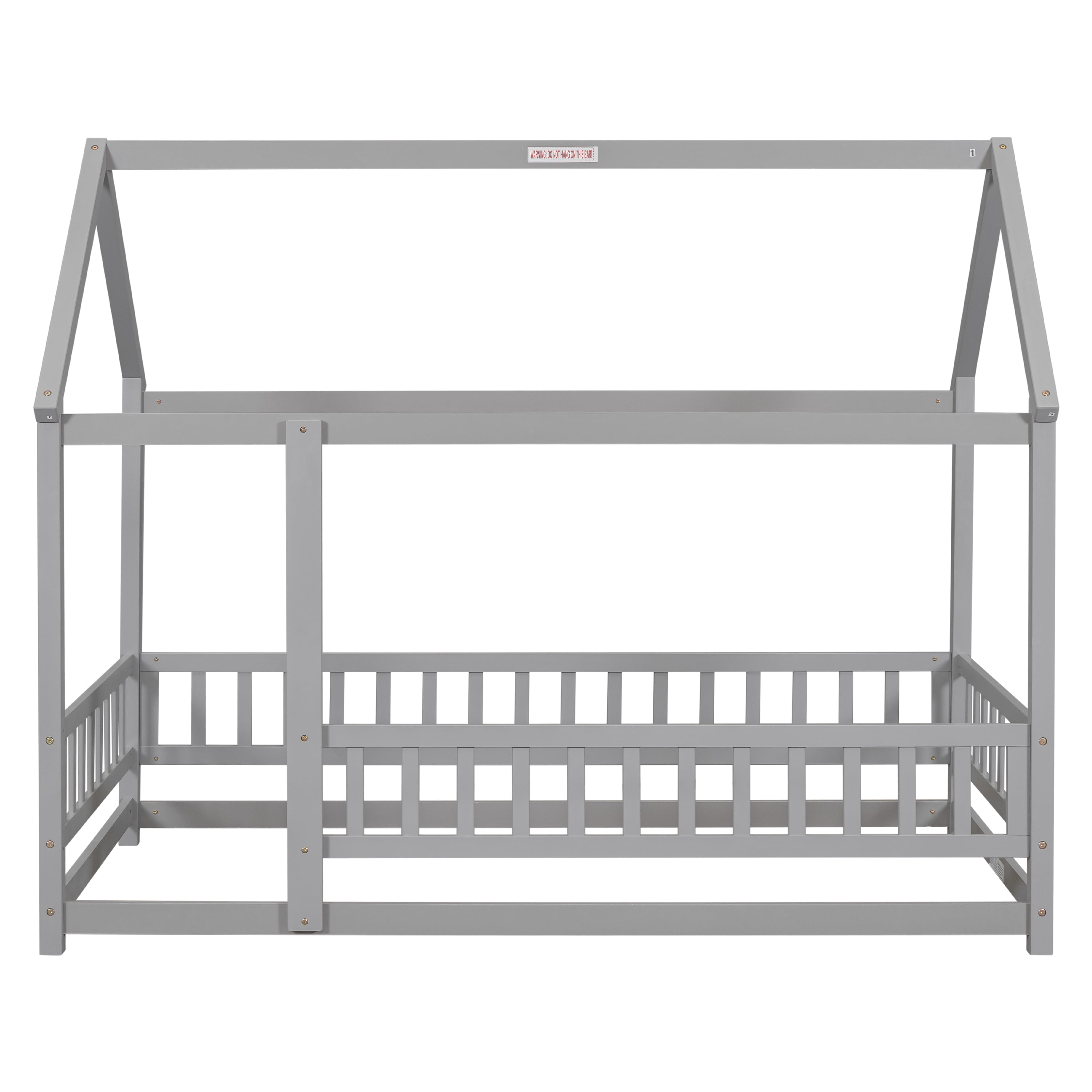 Miniyam Kids Twin Montessori House Floor Bed with Fence, Wood Roof Frame, Gray
