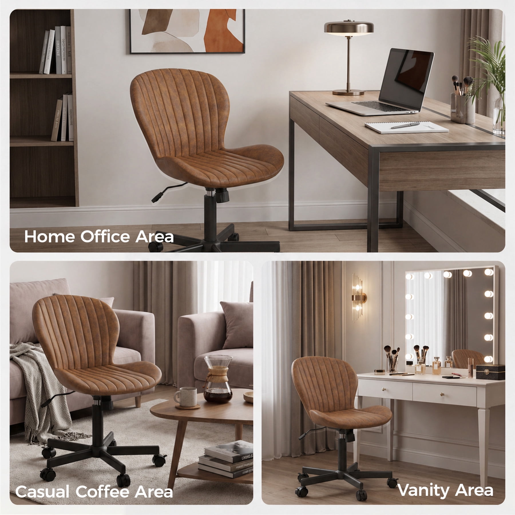 MOONMISS Mid Back PU Leather Desk Chair with Wheels,Armless Adjustable Swivel Vanity Chair for Bedroom Home Office Living Room,Brown