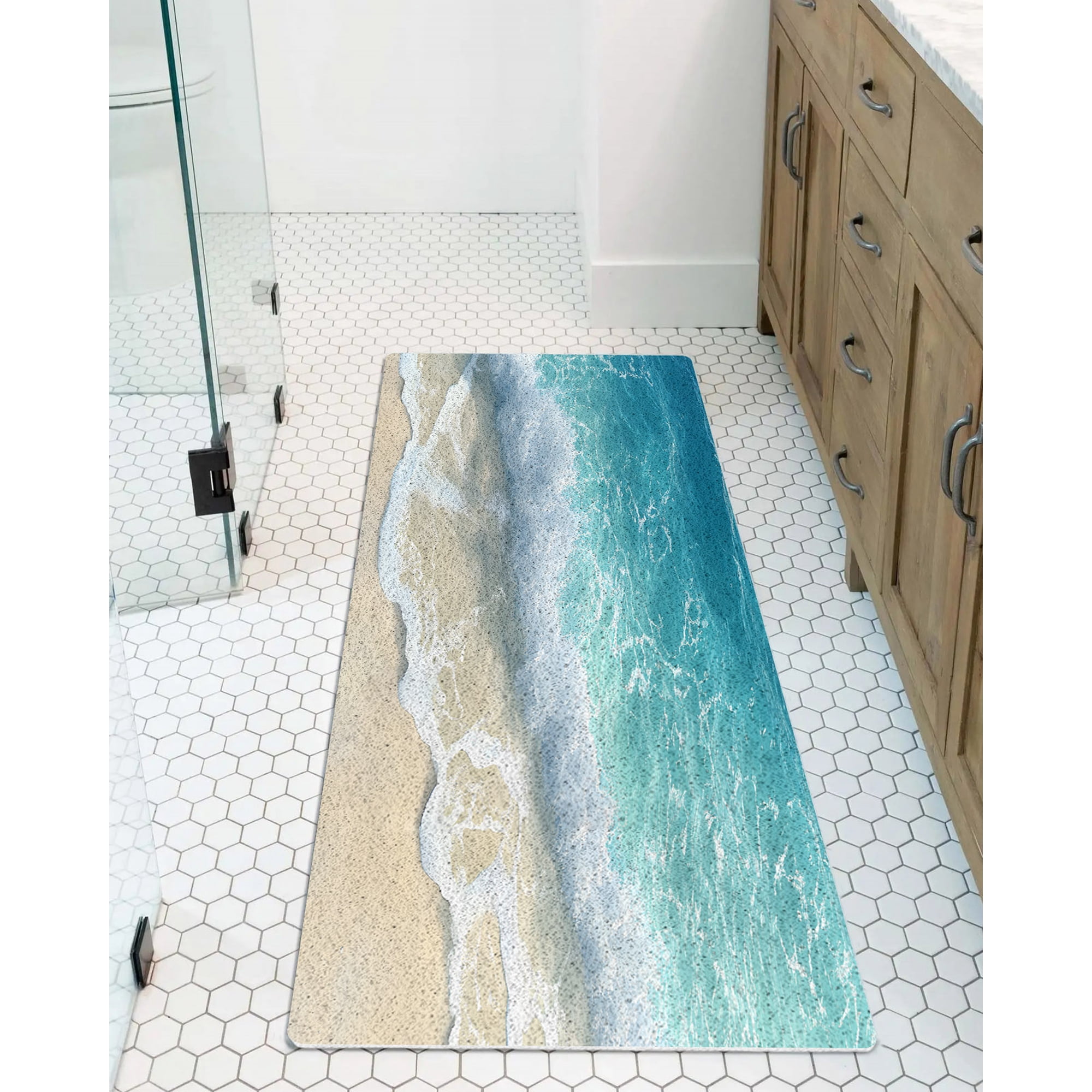 Blue Ocean Beach Waves Non-Slip Bathtub Mat, Modern Art Decoration PVC Bath Mat for Tub Quick Drying Shower Mats for Inside Shower, Foot Scrubber Loofah Bathroom Mats 36x16 Inches