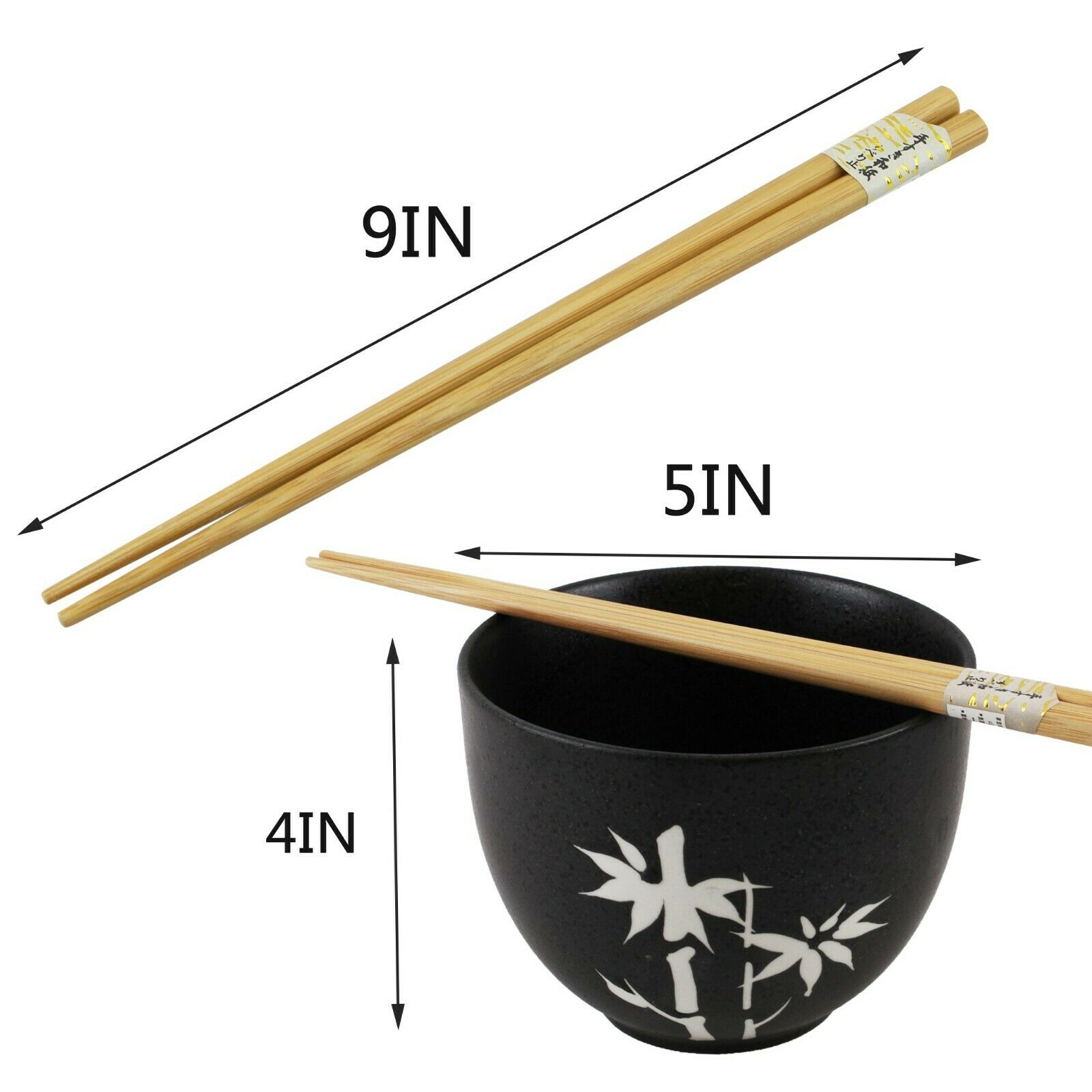 Quality Japanese Dinnerware Set of 2 Porcelain Black Bowls w Chopsticks Utensils EHD 1