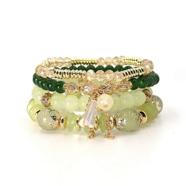Xiao Hua Pulseras de cuentas apilables bohemias para hombres y mujeres, brazaletes de cuentas multicapa elásticos bohemios con dijes, joyería multicolor, verde