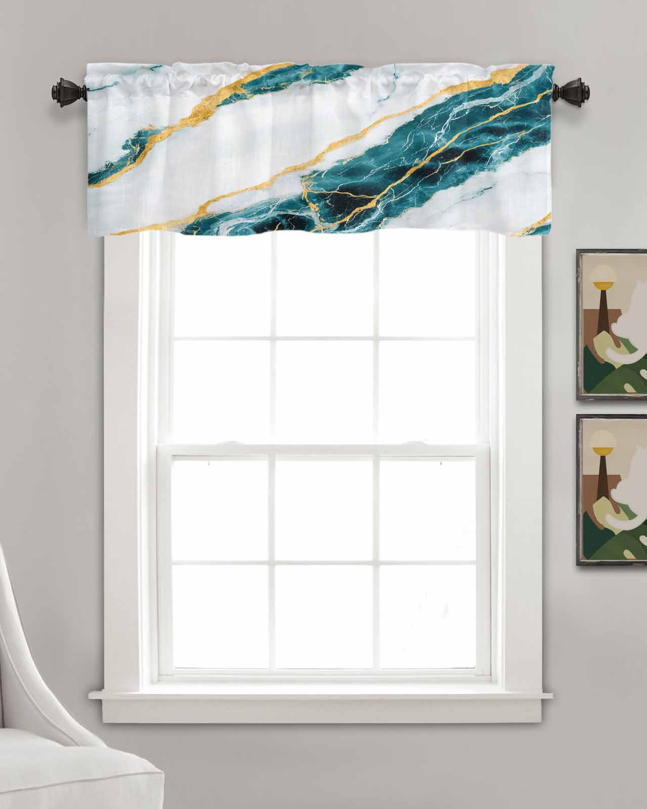 Marble Turquoise Kitchen Valances for Windows Farmhouse Linen Window Valance Curtain for Living Room Window Treatment Gold Foil Ceramic Style Crack Scratch Valance Rod Pocket Topper, 60 x 18 Inch