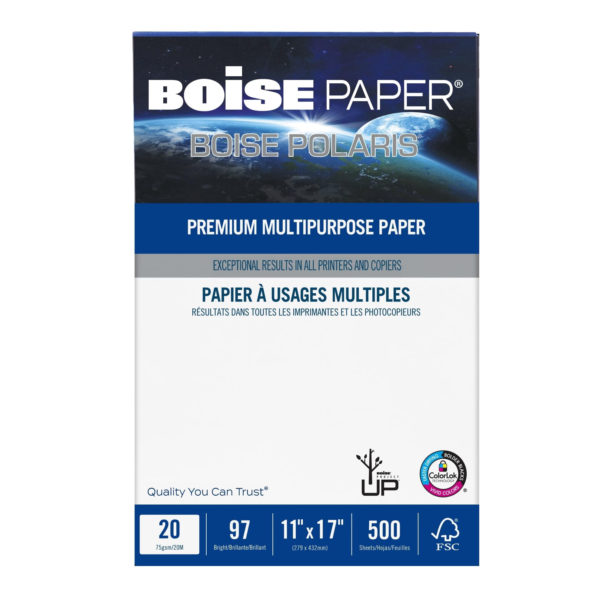 BOISE POLARIS Premium Multipurpose Copy Paper, 11" x 17" Ledger, 97 Bright White, 20 lb., 5 Ream Carton (2,500 Sheets)