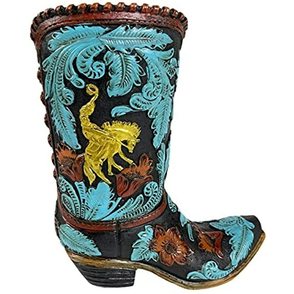 Urbalabs Western Cowboy Boot Floral Flower Vase Teal and Brown Golden Rodeo Decorative Cowboy Boots Home Office Rustic Decor Country Living Wedding Centerpiece Hand Painted