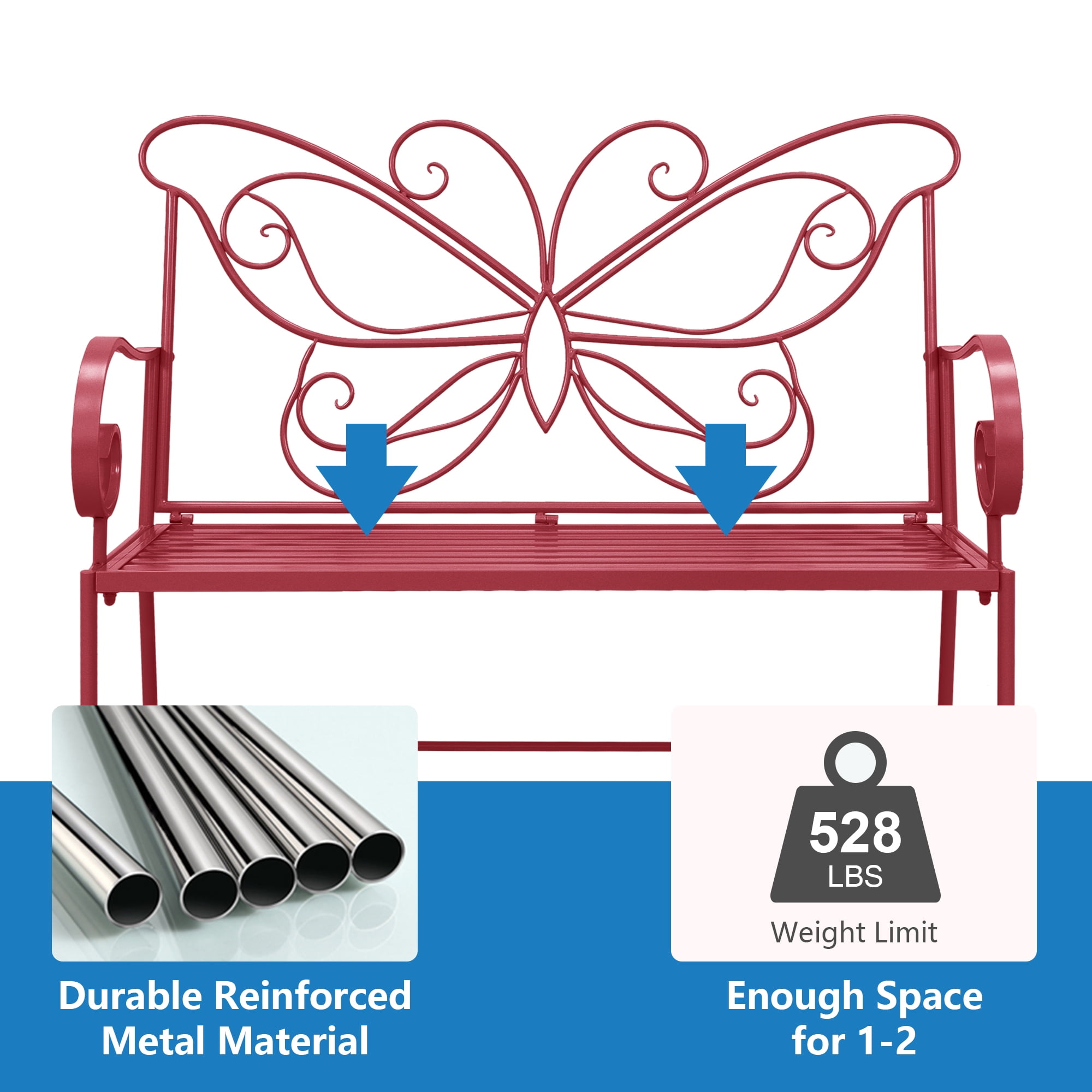 Abble 42" Outdoor Bench Metal Butterfly Design Patio Garden Bench for Porch Yard Lawn Patio Bench,  Red