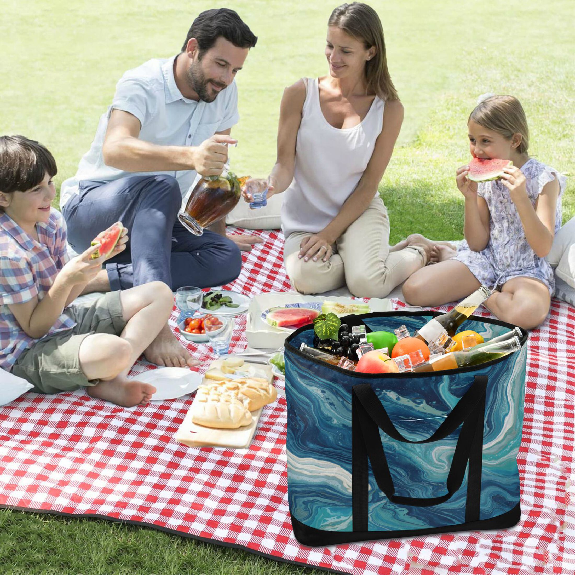 Extra-Large Wide Opening Design Capacity Hand-Held Ice Pack Thickened Insulation Layer For Long-Lasting Cold Retention For Outdoor Shopping Picnics And Camping Dark Blue Swirling