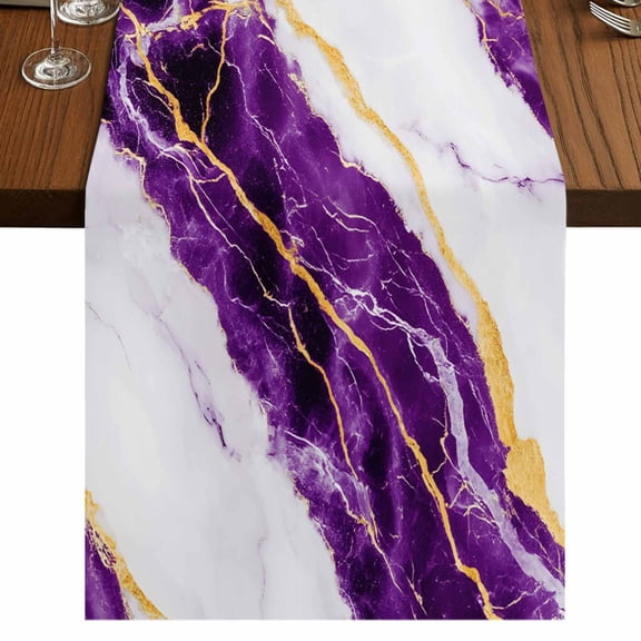 Marble Purple 108 Inch Table Runner, Gold Foil Ceramic Style Cracks Scratches Farmhouse Dresser Scarf Cotton & Linen Tablerunner for Dining/Kitchen Island/Holiday Party Décor 13" x 108"