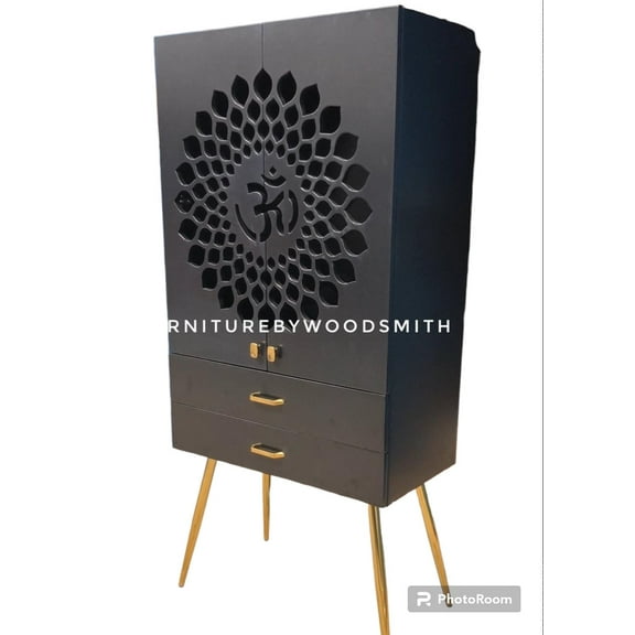 Wooden Designer Black Temple For Home And Office / Mandir With LED Lights / Wooden Mandir With Doors And Standing Legs / Pooja Mandapam