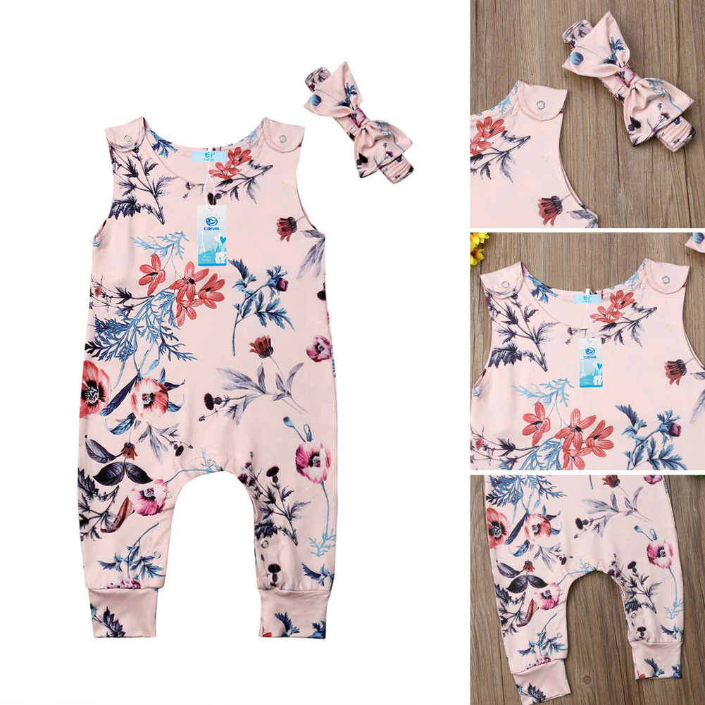 Infant Baby Girl Romper With Headband - Floral Off-Shoulder Summer Outfit