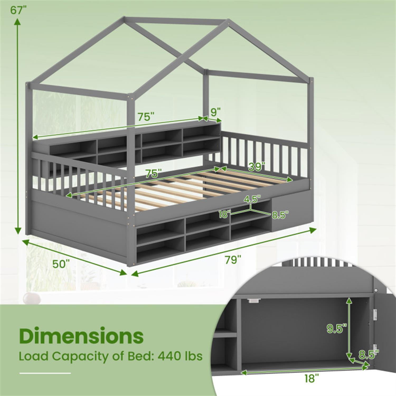 Demi Bonn Twin Size Bed Frame with 14 Storage Cubes and Enclosed Cabinet, Wooden House Bed with Roof for Bedroom, Gray