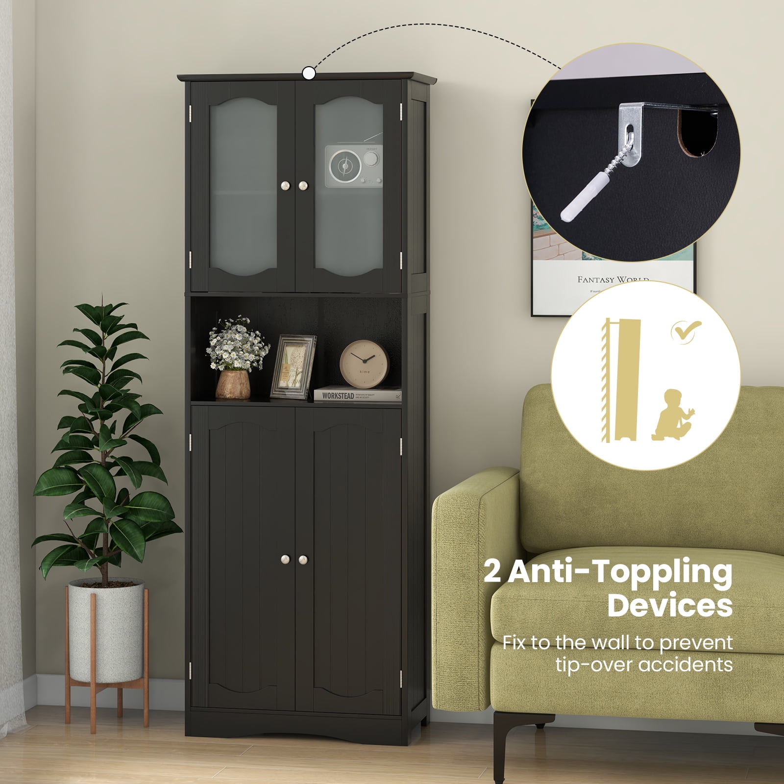 Giantex 64.5" Tall Bathroom Storage Cabinet, Freestanding Linen Cabinet, Kitchen Pantry Cabinet, Black