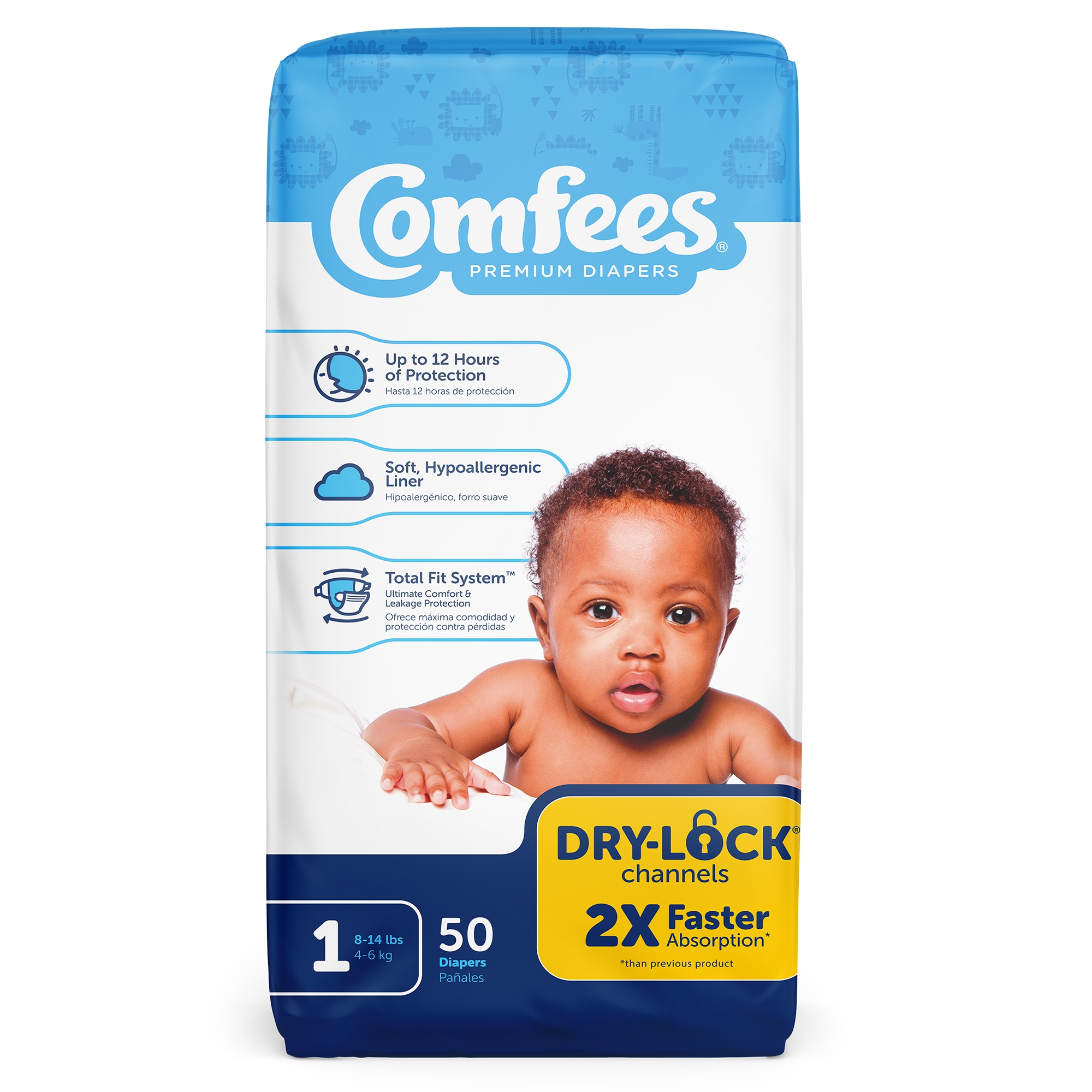 Comfees Baby Baby Diaper Size 1, 12 hour protection 8 to 14 lbs., 50 Count, 1 Pack - image 2 of 4