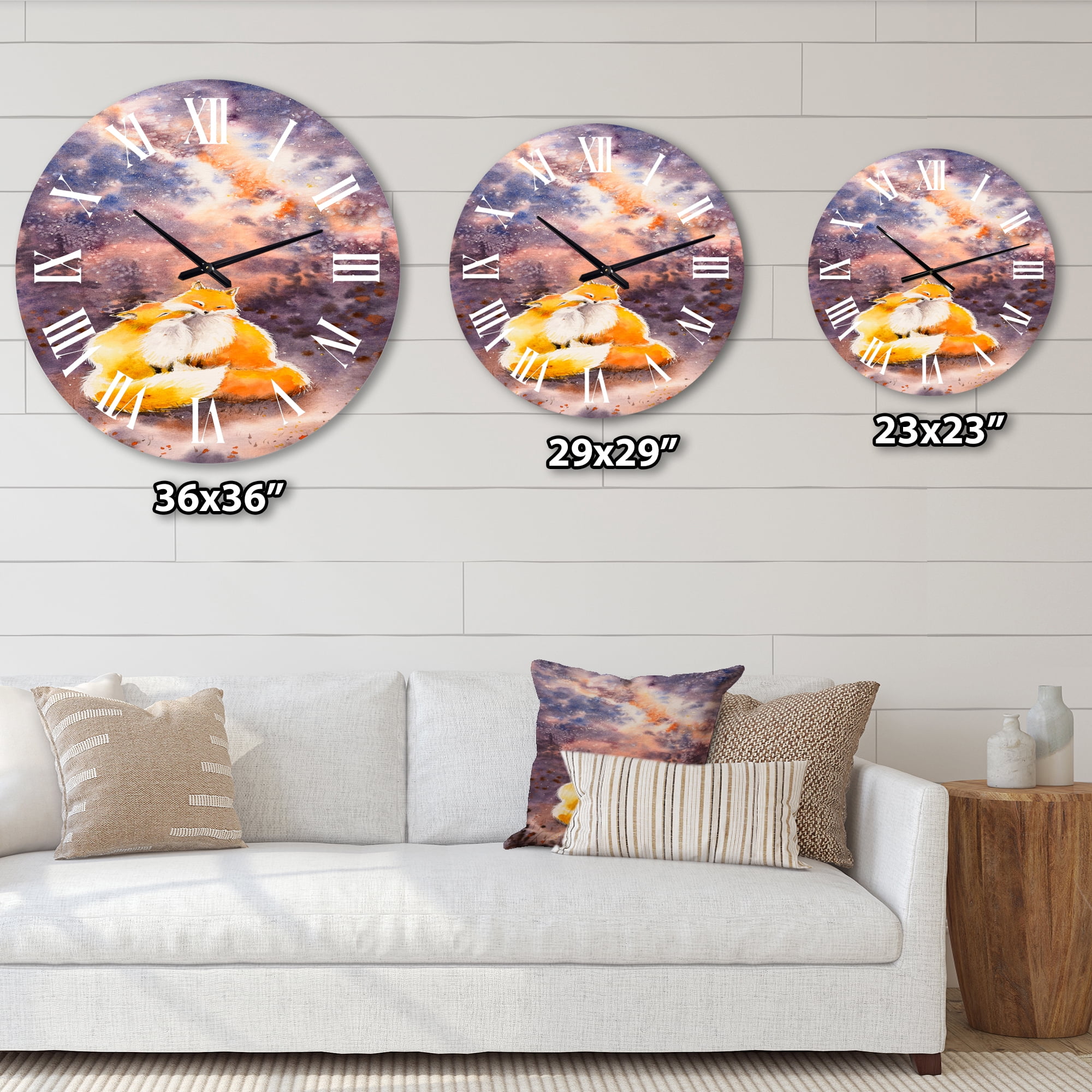 Designart 'Hugging Foxes Over A Night Sky' Children'S Art Wall Clock