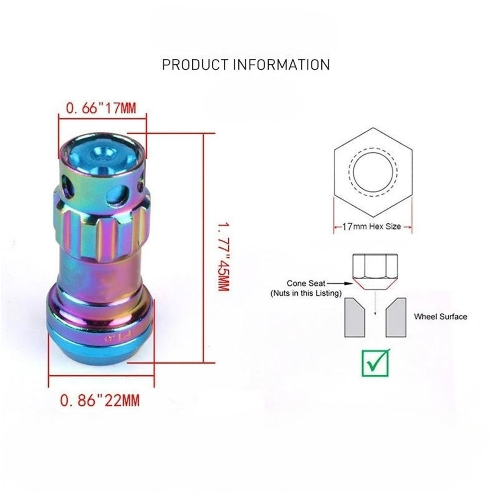 20PCS A Set, R40 OEM Style Factory Lug Nuts, Universal 1.77in 17mm Hex Lug Nuts M12*1.5 M12*1.25 For Choice