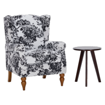 Vintage Reading Chair and Coffee Table Set, Wingback Armchair with Solid Wood Frame, Antique White Gray Fabric & Walnut Finish Table, for Living Room, Bedroom Relaxation