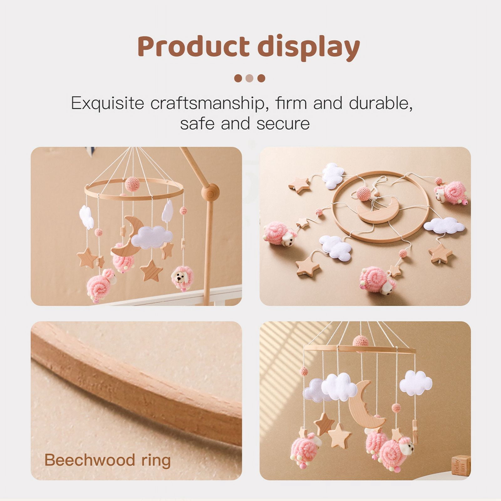 Baby Wooden Bed Bell Sheep Starry Moon Mobile Hanging Rattles Toys Hanger Crib Mobile Bed Bell Toys Holder Arm Bracket Kid Gifts