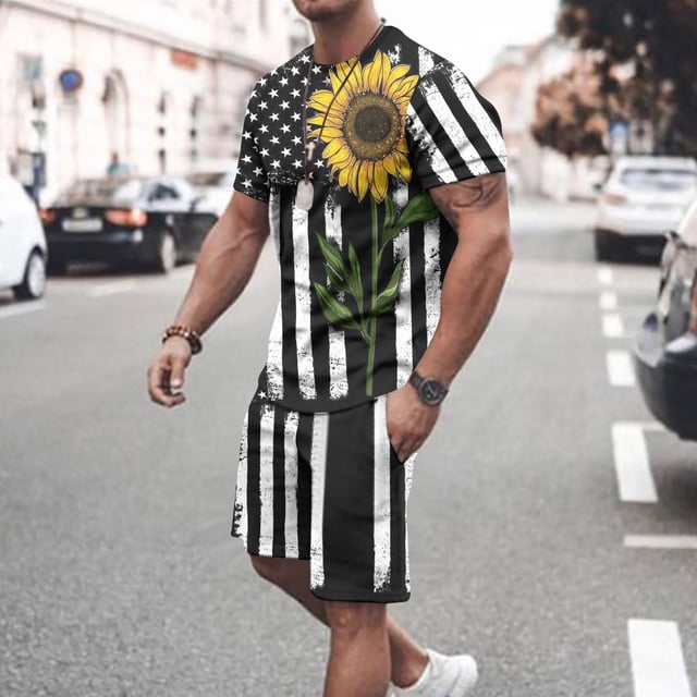 Fankiway Chemises pour Hommes Liquidation Ensemble Imprimé 3D Jour Indépendant Col Rond Manches Courtes T-Shirt Taille Élastique Shorts Décontractés Sport Vacances Ensemble Deux Pièces
