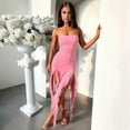 thumbnail image 3 of Women Summer Elegant Strapless Tube Midi Bodycon Dresses Irregular Ruffle Tassel Party Dress Pink L, 3 of 8