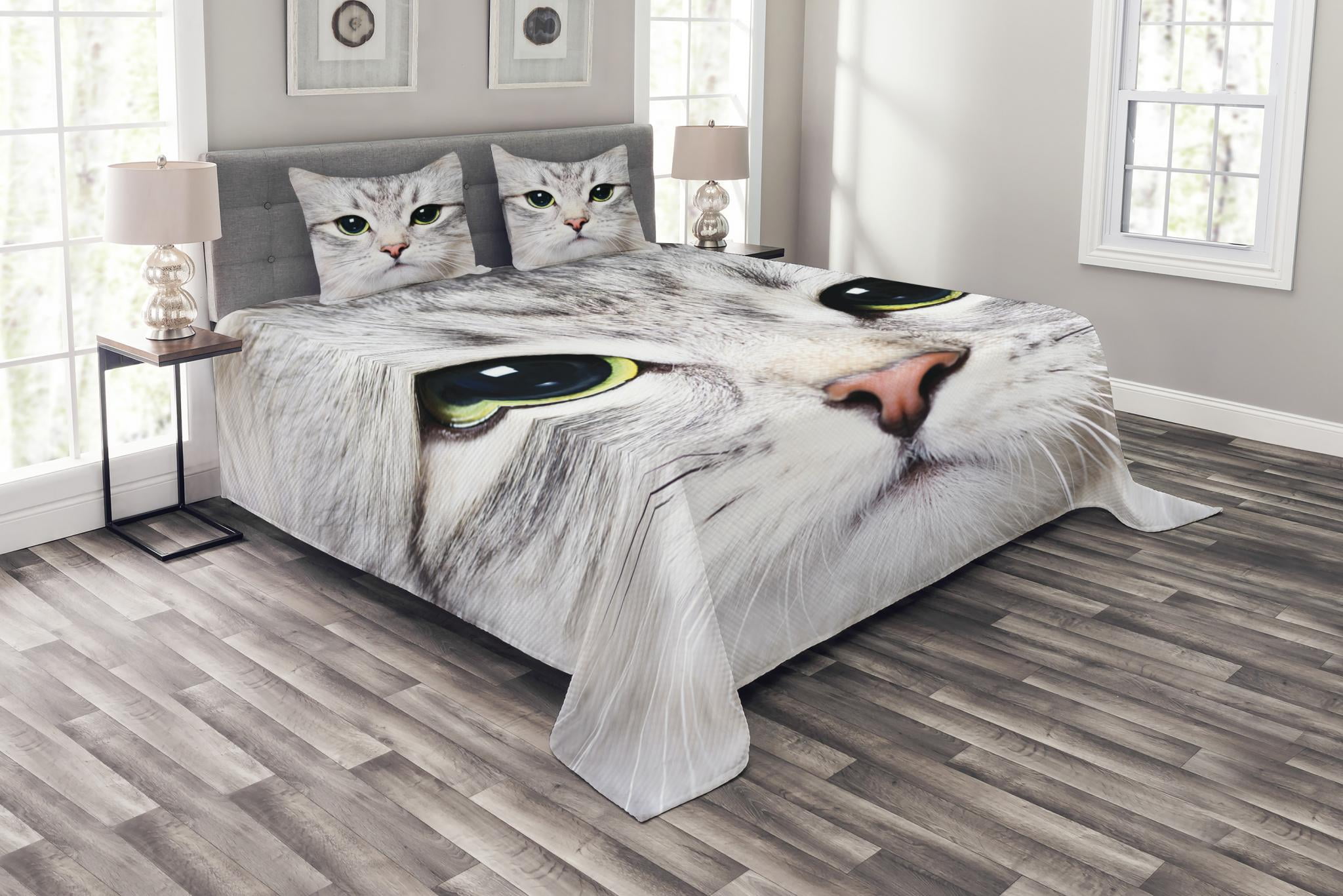 Cat Bedspread Set, Cute Cat Print Kitten Kitty Closeup Portrait Digital