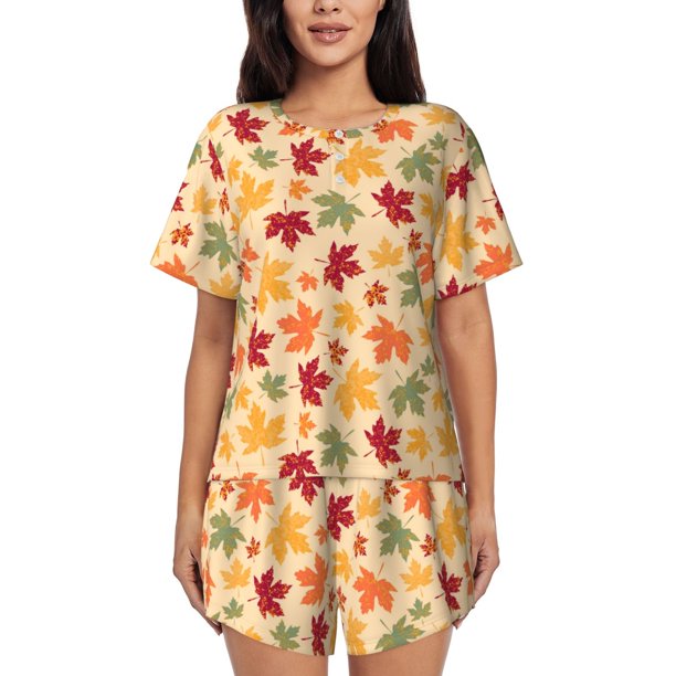 Fotbe Autumn Maple Leaves Conjunto de Pijama Estampado para Mujer, 2 Piezas, Ropa de Dormir con Camiseta de Manga Corta y Shorts Suaves-3X-Large