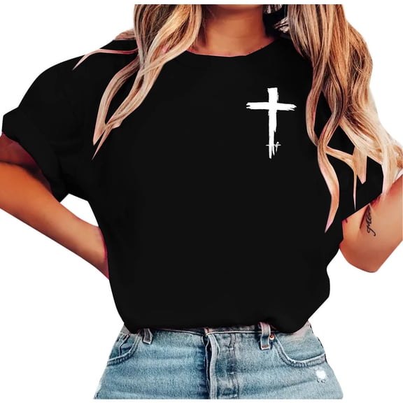 Rutainlusire Womens Trendy Daily Cross Printed Loose Blouse Tops Women's Printed T-Shirt Short Sleeved Round Neck Pullover Casual Fashionable Top