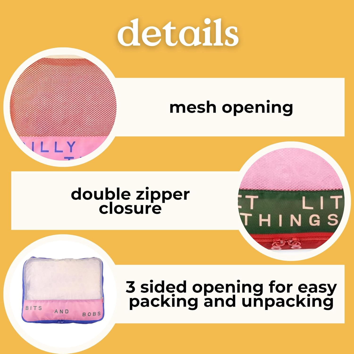 4-Piece Packing Cube Set – Polyester & Mesh Foldable Luggage Organizers – 1 Large (14.2"x11.2"x4") + 1 Medium (12.2"x9.2"x3.5") + 2 Small (9.2"x6.2"x3") – Bits and Bobs
