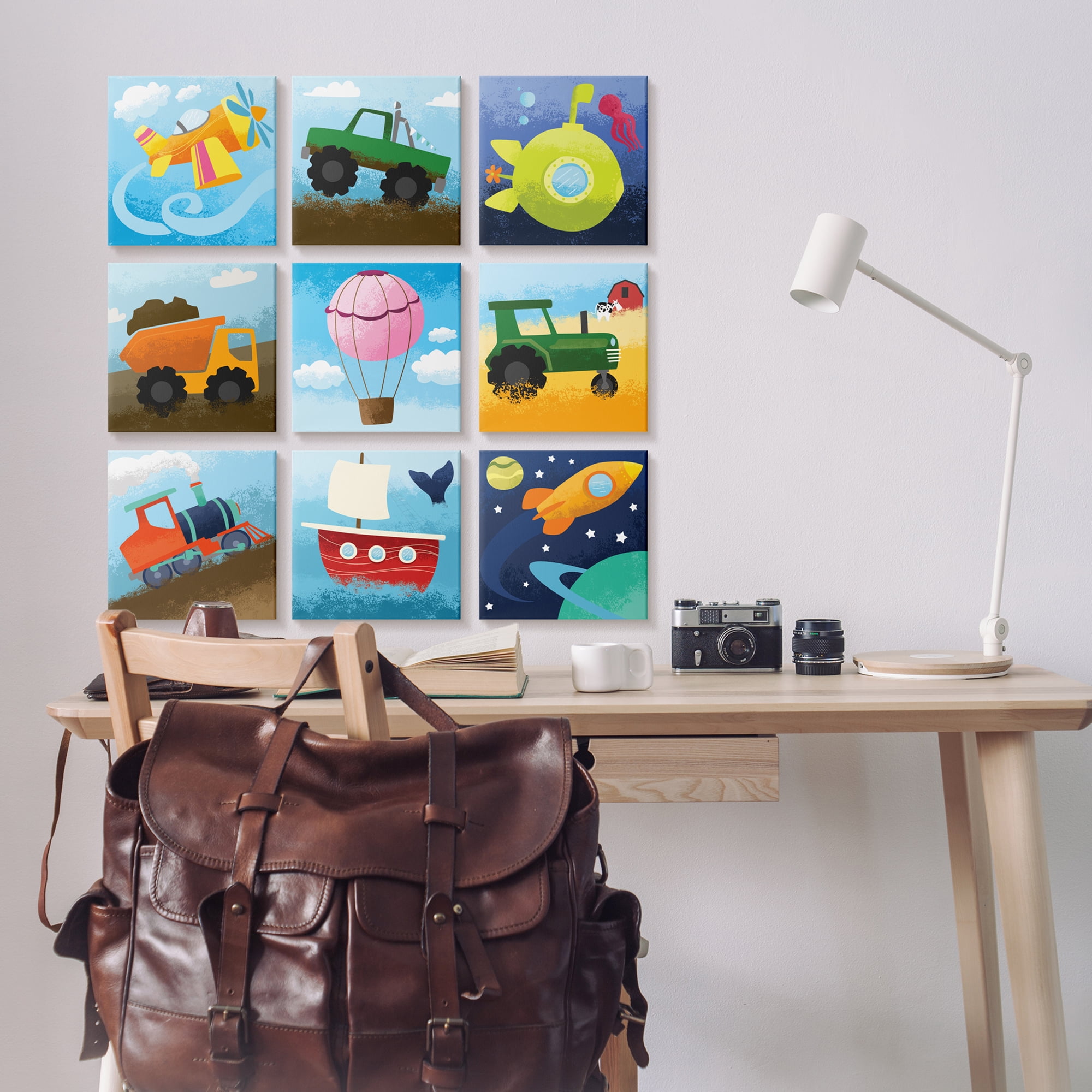 Stupell Indtries Playful Vibrant Construction Vehicles Blue Yellow Green,12 x 12,Design by Make Much Studios