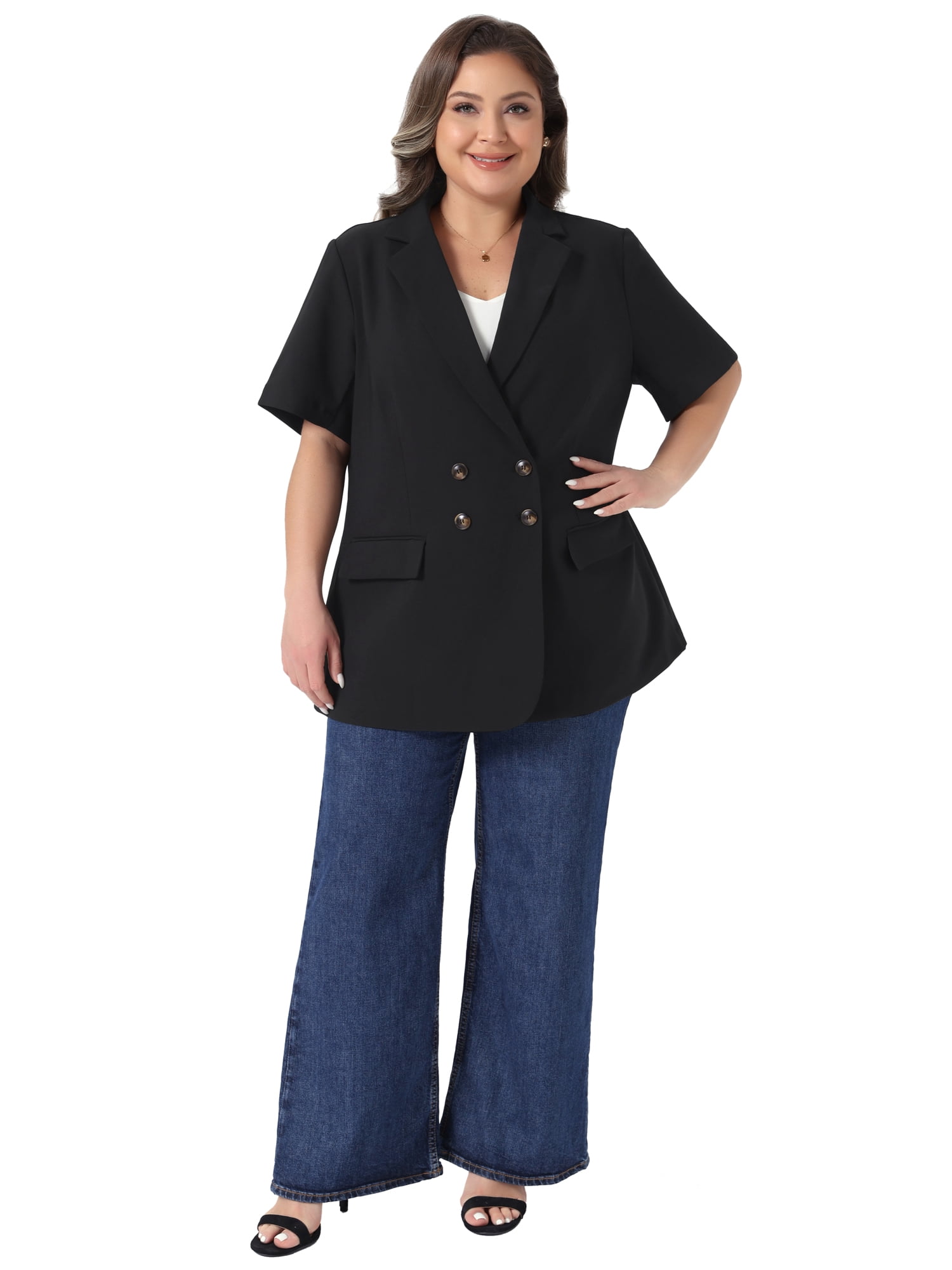 DARING DIVA Women's Plus Short Sleeve Notched Lapel Double Breasted Blazer 2X Black