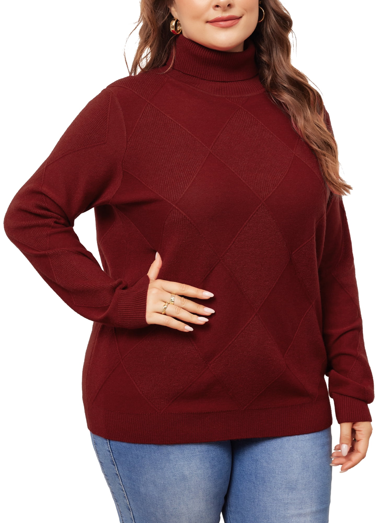DARING DIVA Plus Size Long Sleeve Turtleneck Novelty Sweater 3X Burgundy