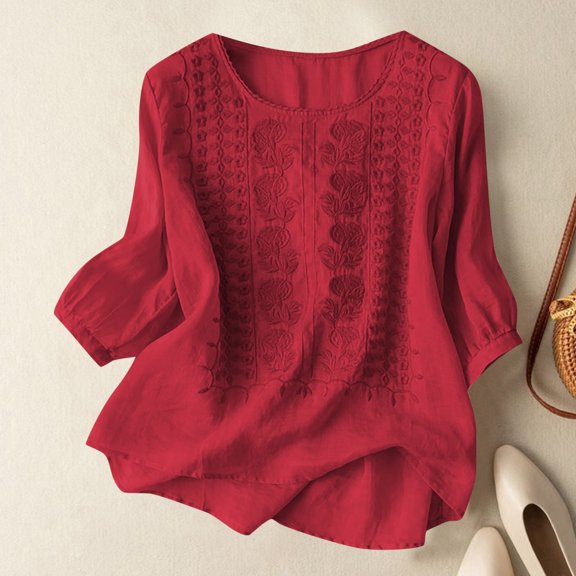 Wangmeiwg Elegant Floral Embroidered Neck T Shirt for Everyday and Wear in Pure Color# RedXXL