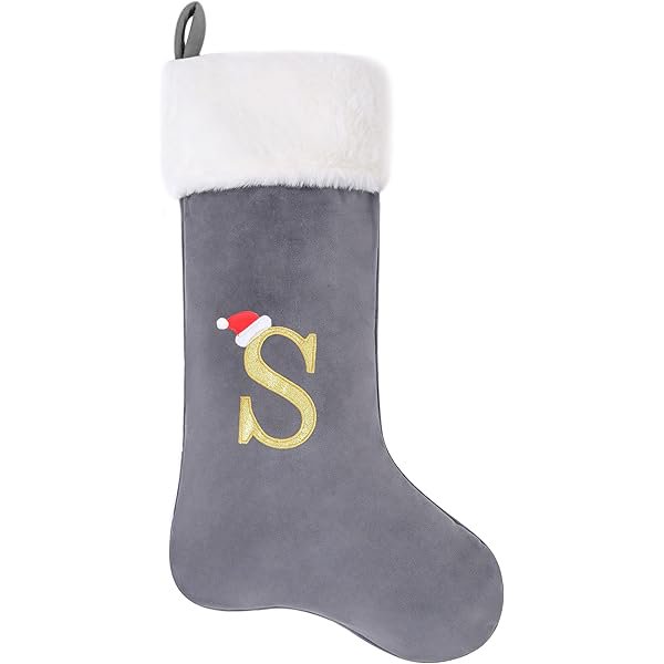 wonima02 20-Inch Letter Embroidered Christmas Stocking Thick Grey Velvet with Super Soft Plush Cuff Personalized Festival Decoration for Xmas and New Year Party(Letter S)