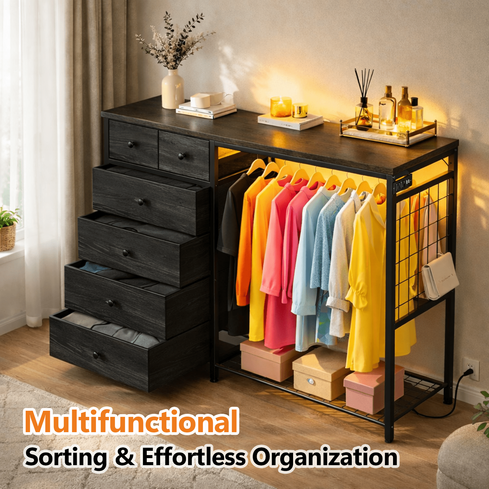 Simple Deluxe Storage Clothes Rack with 6 Drawers, Charging Station & LED Lights, Fabric Chest Shelves Clothing Rack, Wooden Portable Wardrobe Closet, 49.2" W x 15.7" D x 47.2" H, Black