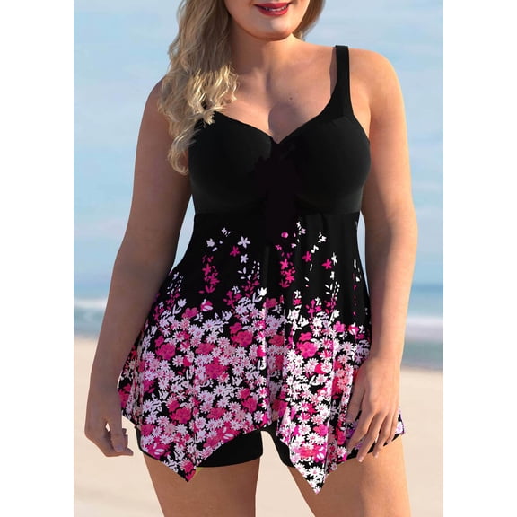 Plus Size Black Pink Floral Print Tank Swimsuit Top Adjustable Spaghetti Strap High Coverage Swim Tank