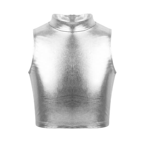 Aislor Kids Girls Shiny Metallic Gymnastics Crop Tops Sleeveless Mock Neck Tank Tops Workout Activewear
