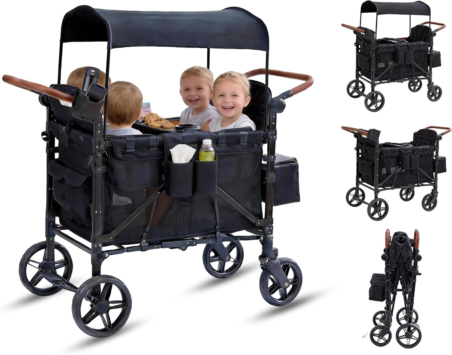 4-Seater Wagon Stroller for Kids, Linor All-Terrain Folding Wagon with Adjustable Push Handles, Removable Canopy, Snack Tray, Large Storage Bag & Phone Holder