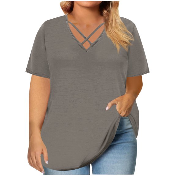 Vmvidoty Women's Plus Size Cut out V neck Top Short Sleeve Base T-Shirt Gray L