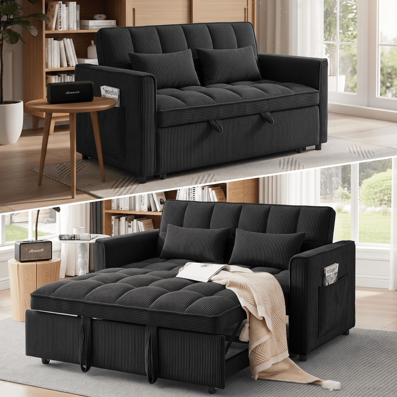 Xiweot 54" Sleeper Sofa Bed, Convertible Pull Out Couch for Living Room Apartment, Velvet Futon Loveseat Sofa Bed with Adjustable Backrest, Side Pockets, 2 Pillows, Easy Assembly (Black)
